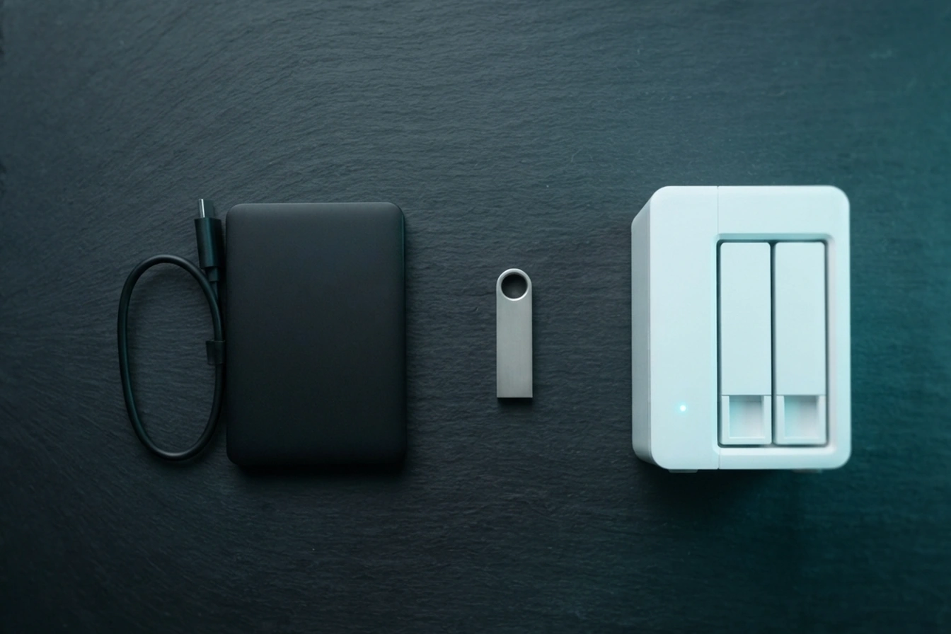 Ilustración de la regla 3-2-1: disco externo, memoria USB y NAS sobre una mesa de pizarra