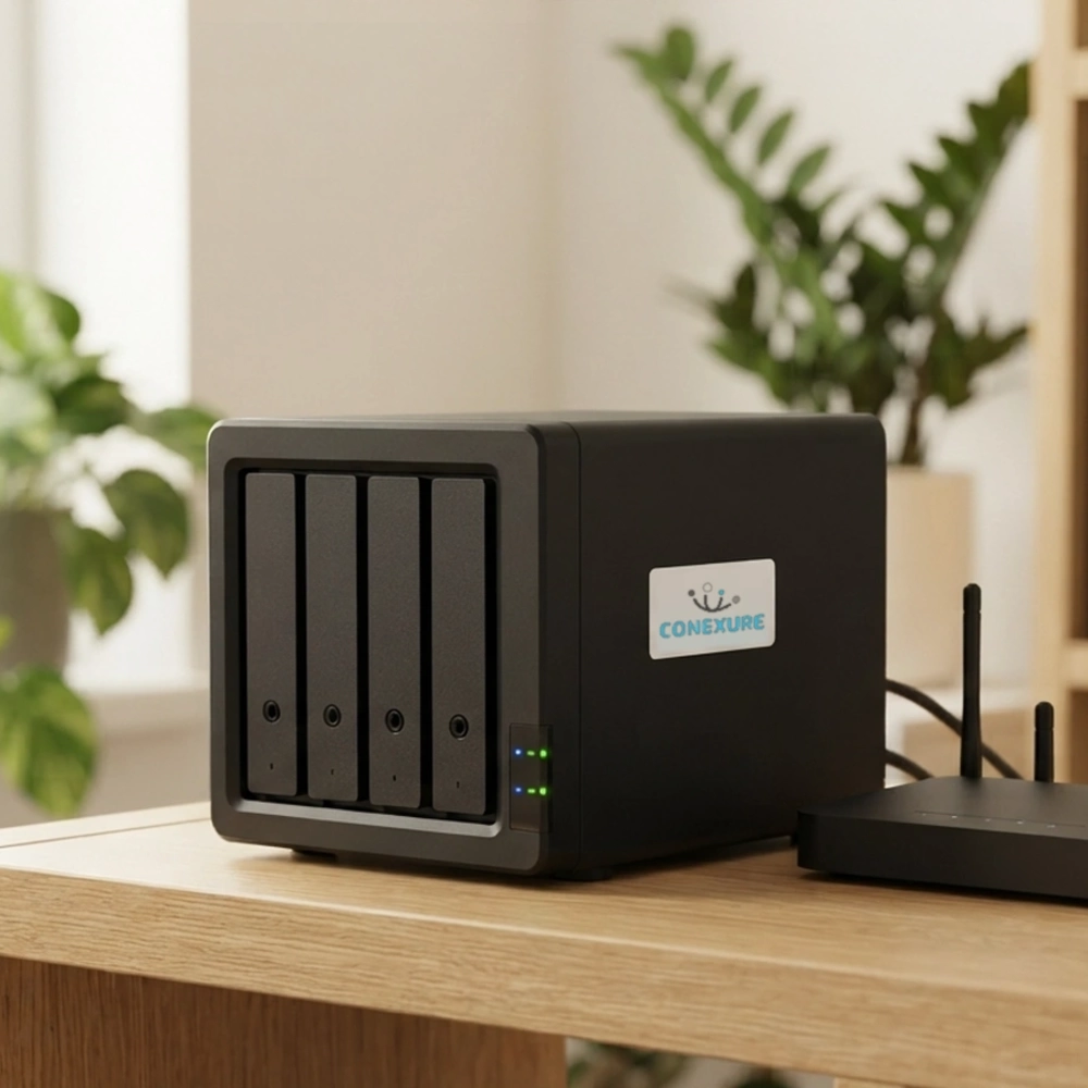 Ilustración de copias de seguridad para empresas: NAS de copias junto al router de la oficina
