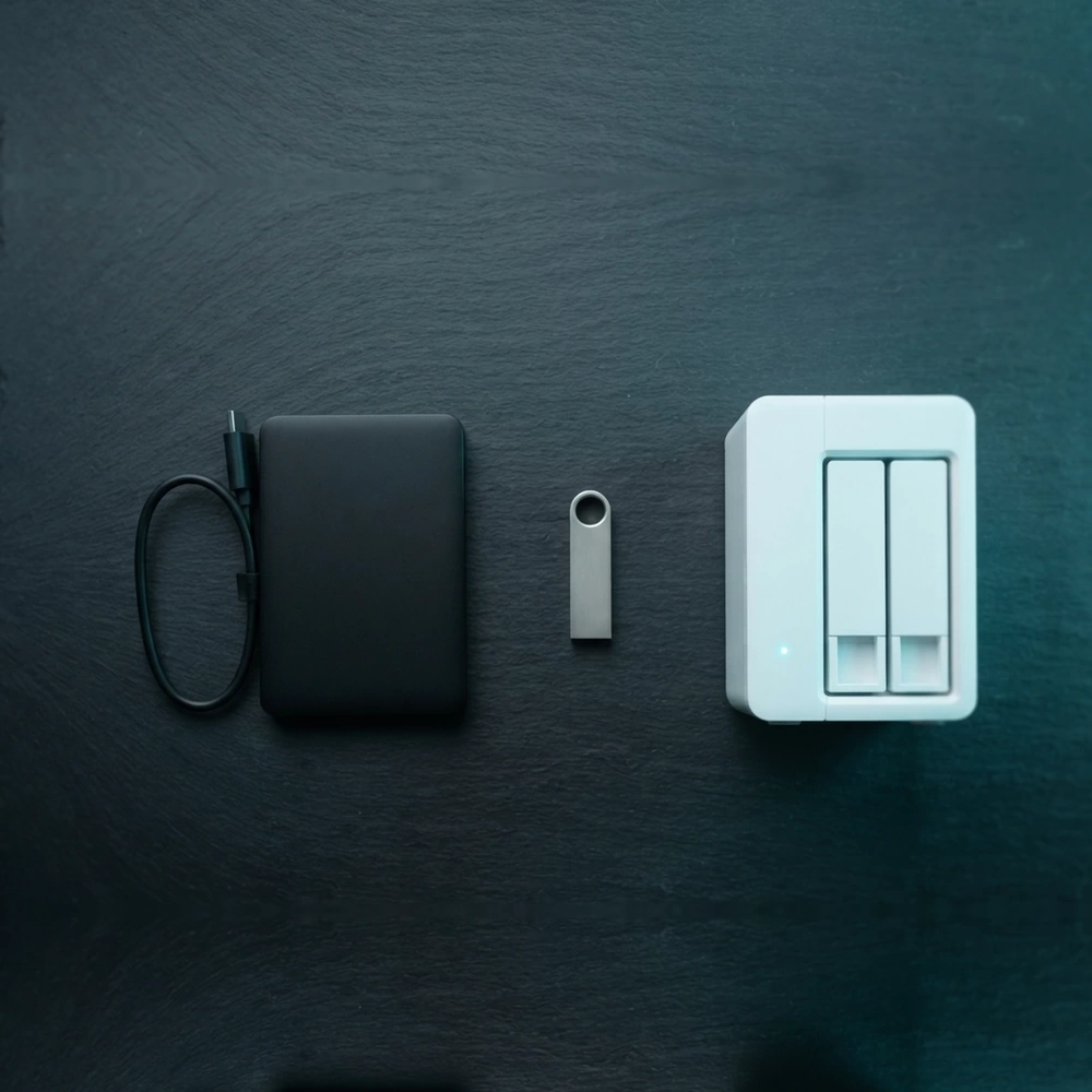 Ilustración del blog: disco externo, memoria USB y NAS, tres soportes de copia de seguridad